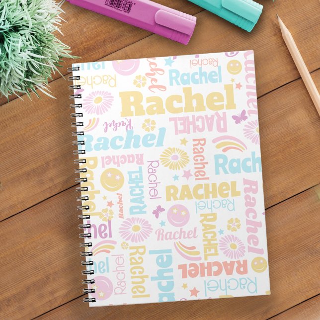 Pastel preppy smilie ansikte star eget namn Rachel Anteckningsbok (Skapare uppladdad)