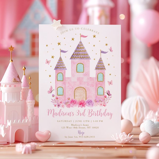 Pastel Princess Castle Butterfly Flower Birthday Inbjudningar (Skapare uppladdad)