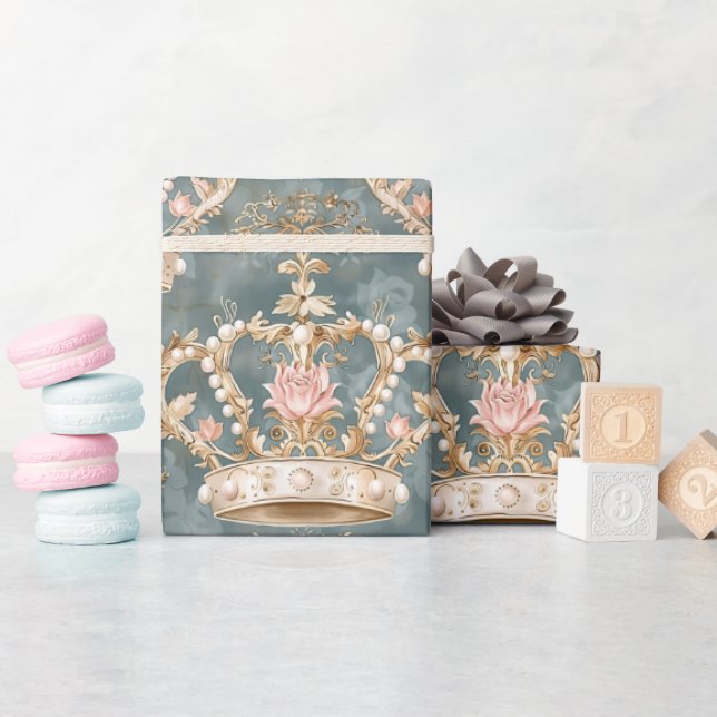 Pastel Princess Krona Damask Pearls Presentpapper (Baby Shower)