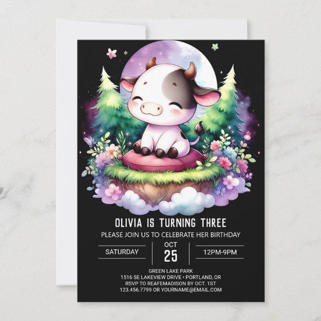 Pastel Printable Cow Birthday Inbjudningar (Framsida)