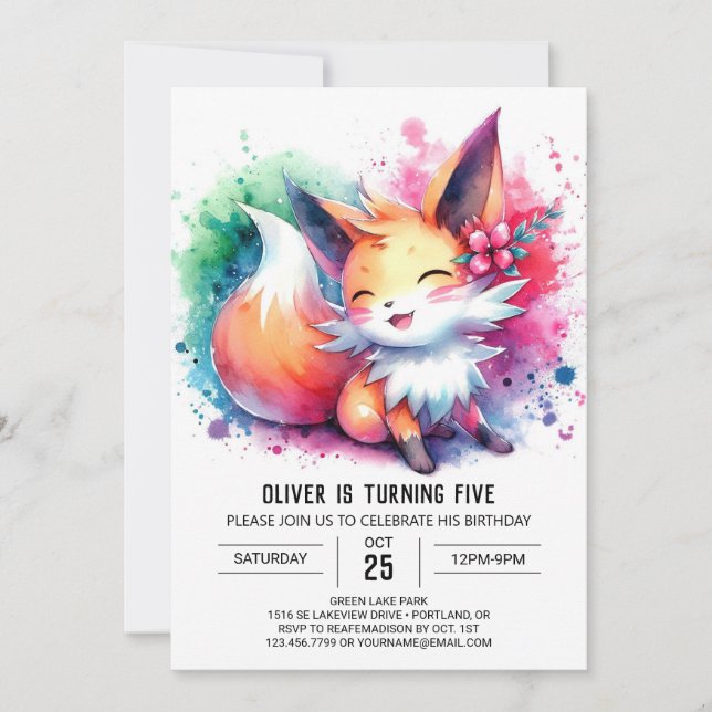 Pastel Printable Fox Birthday Inbjudningar (Framsida)