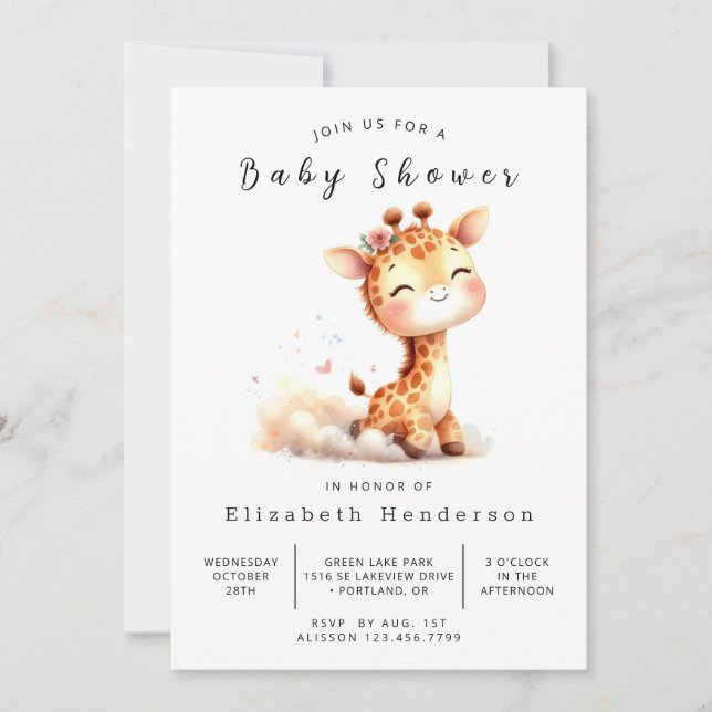 Pastel Printable Giraffe Baby Shower Inbjudningar (Framsida)