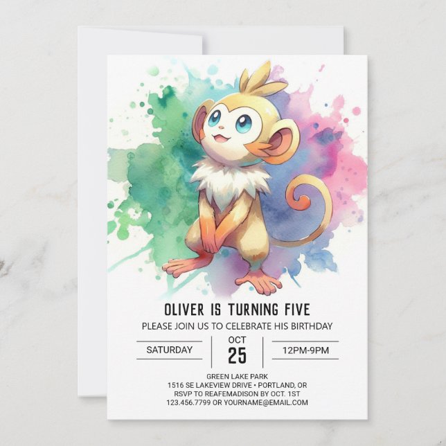Pastel Printable Monkey Birthday Inbjudningar (Framsida)