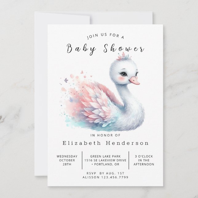 Pastel Printable Svan Baby Shower Inbjudningar (Framsida)