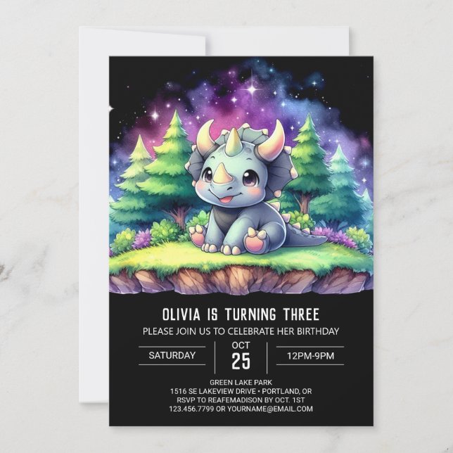 Pastel Printable Triceratops Birthday Inbjudningar (Framsida)