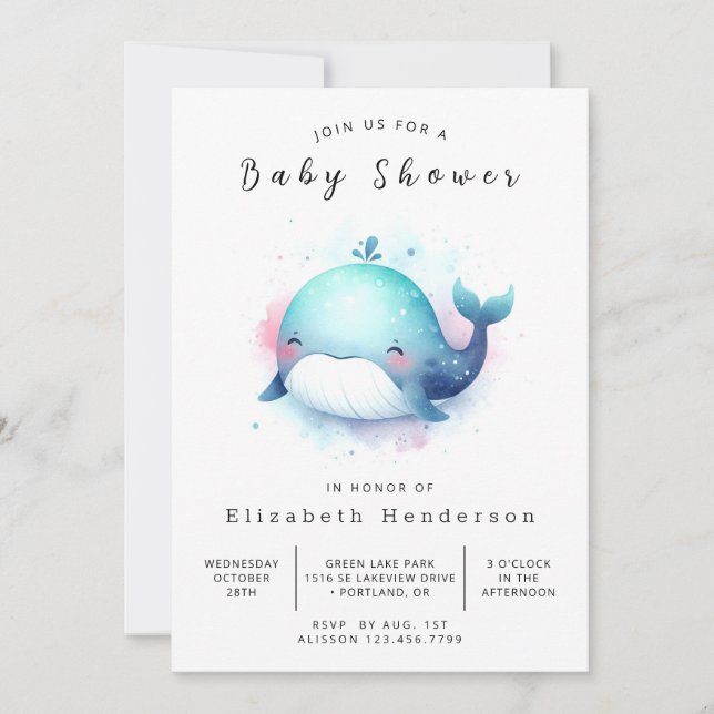 Pastel Printable Whale Baby Shower Inbjudningar (Framsida)