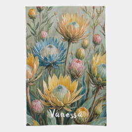 Pastel Protea Dream: Blommigten Elegant Kökshandduk