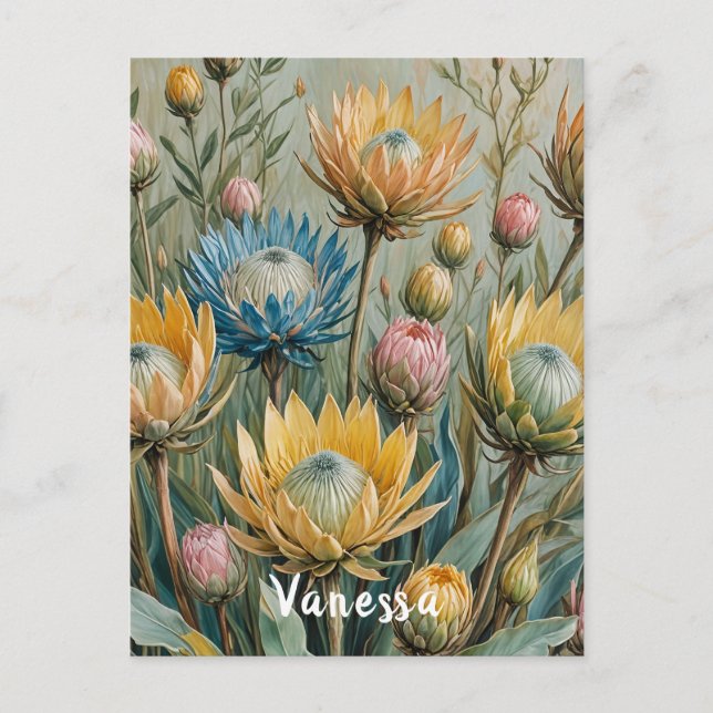 Pastel Protea Dream: Blommigten Elegant Vykort (Framsida)