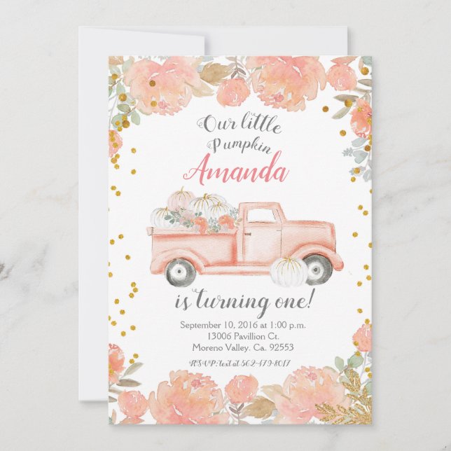 Pastel Pumpkin 1:a födelsedagsinbjudan till flicka Inbjudningar (Framsida)