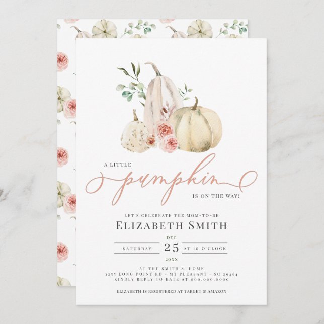 Pastel  Pumpkin Grey Blommigt Vattenfärg Inbjudningar (Fram/baksida)