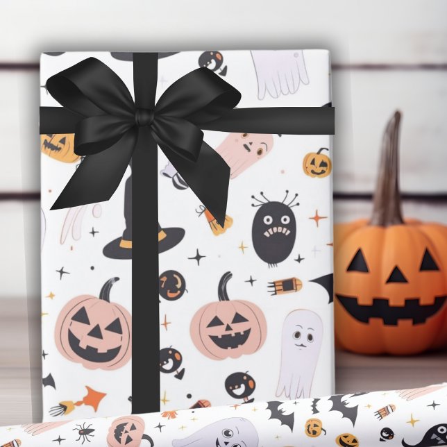 Pastel Pumpkin- och Whimsical Halloween-kräkningar Presentpapper (Pastel Pumpkin And Whimsical Halloween Creatures Wrapping Paper)