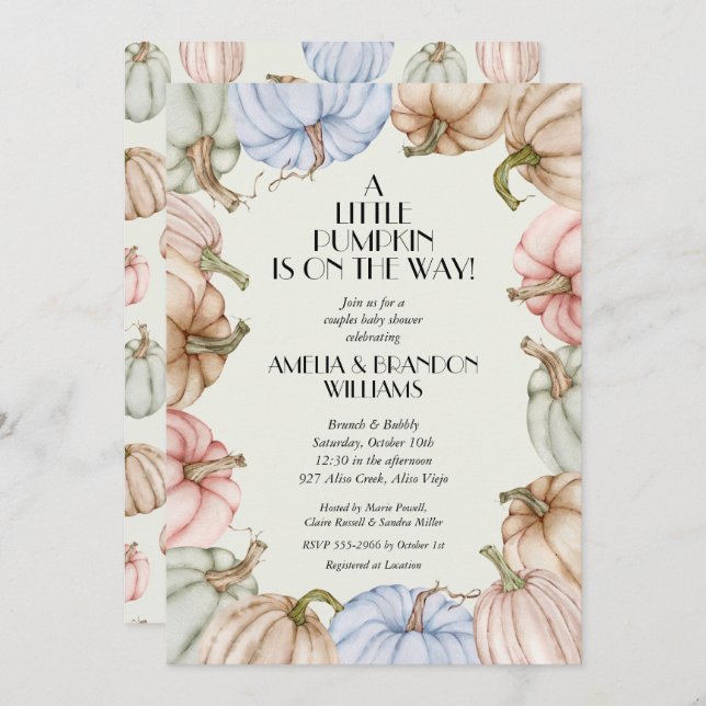 Pastel Pumpkins Grönt Baby Shower-inbjudningar (Fram/baksida)