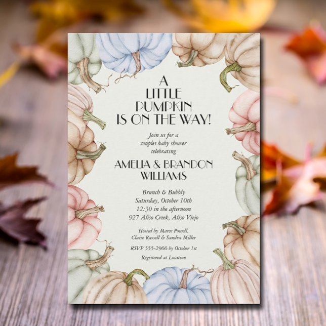 Pastel Pumpkins Grönt Baby Shower Inbjudningar (Green pumpkins baby shower invitations, INSTANT DOWNLOAD and/or PRINTED)