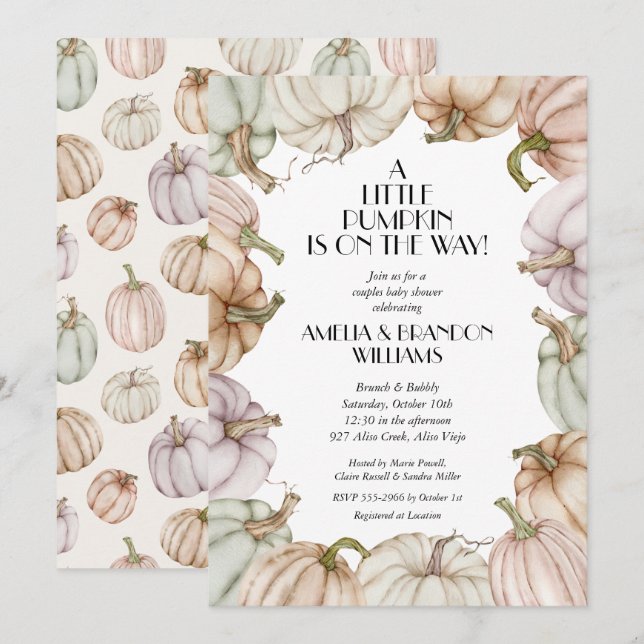 Pastel Pumpkins Neutralt Baby Shower Inbjudningar (Fram/baksida)