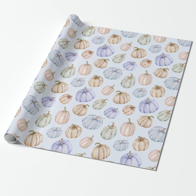 Pastel Pumpkins på Blue Presentpapper (Utrullad)