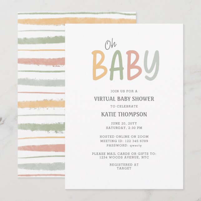 Pastel Push Strokes Oh Baby Virtuell Baby Shower Inbjudningar (Fram/baksida)