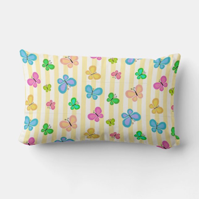 Pastel Quilty Butterflies on Yellow White Stripe Lumbarkudde (Baksida)