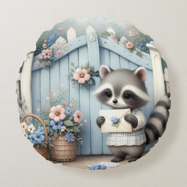 Pastel Raccoon Letter Garden Rund Kudde (Framsidan)