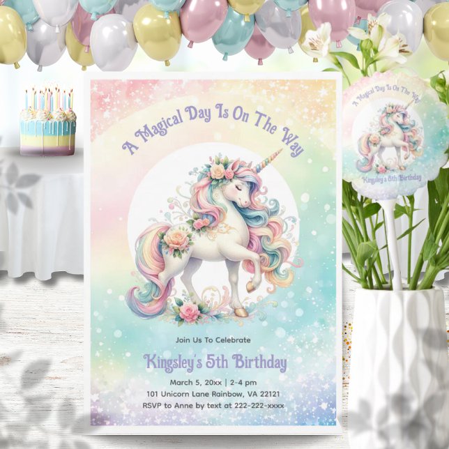 Pastel Radiant Rainbow Unicorn Födelsedagsfest Inbjudningar (Pastel Radiant Rainbow Unicorn Birthday Party Invitation)