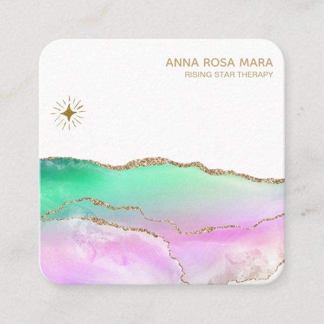 *~ Pastel Rainbow Agate Guld Glitter Vein Sol Star Fyrkantigt Visitkort (Framsida)