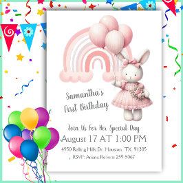 Pastel Rainbow and Girl Bunny Birthday Inbjudningar
