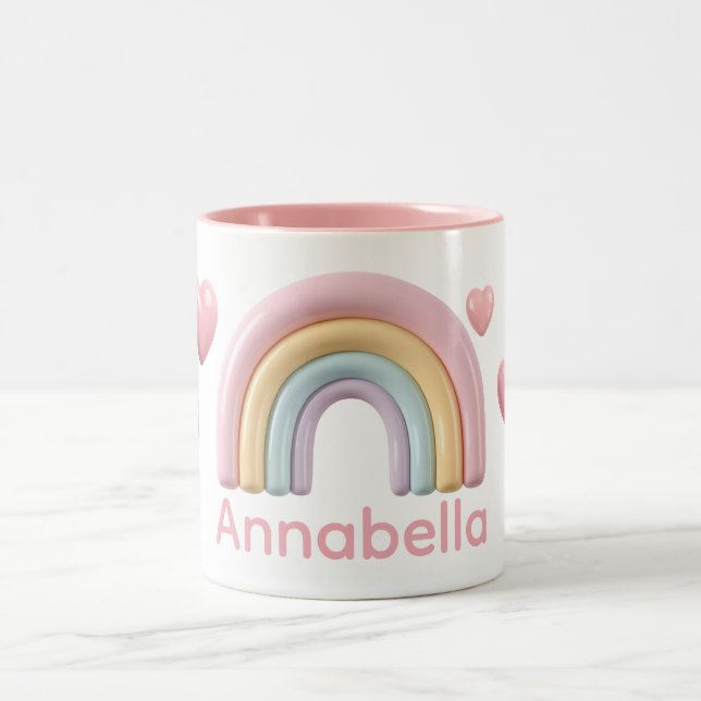 Pastel Rainbow and Hearts with Pink Custom Name Två-Tonad Mugg (Center)