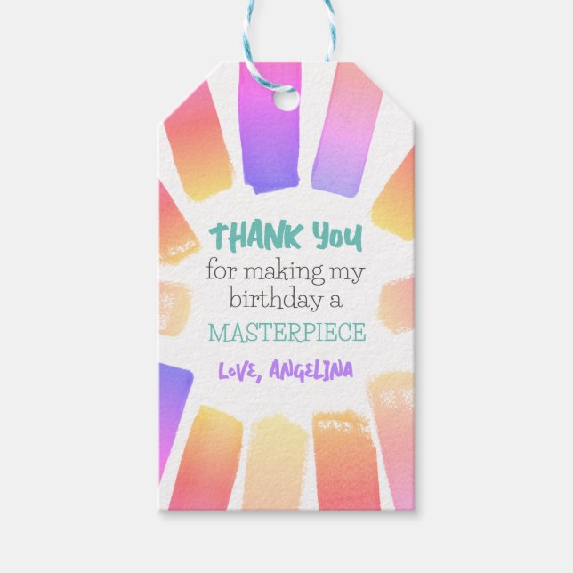 Pastel Rainbow Art Paint Party Birthday Tack Presentetikett (Framsidan)