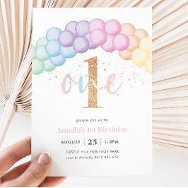 Pastel Rainbow Balloon Arch 1:a födelsedagen Party Inbjudningar