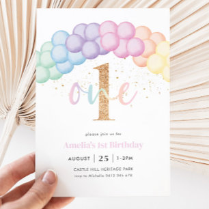 Pastel Rainbow Balloon Arch 1:a födelsedagen Party Inbjudningar