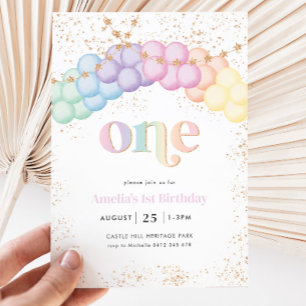 Pastel Rainbow Balloon Arch 1:a födelsedagen Party Inbjudningar