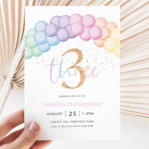Pastel Rainbow Balloon Arch 3rd Birthday Party Inbjudningar