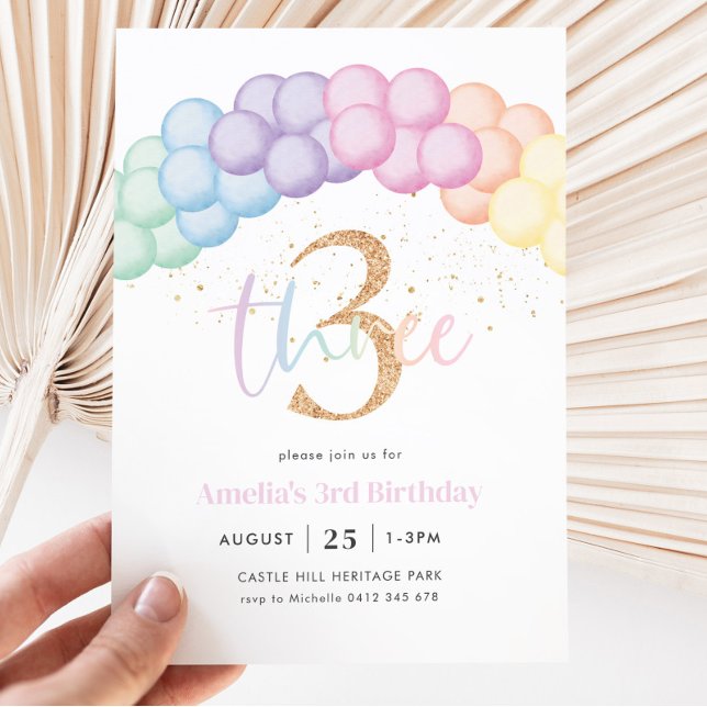 Pastel Rainbow Balloon Arch 3rd Birthday Party Inbjudningar (Skapare uppladdad)