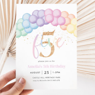Pastel Rainbow Balloon Arch 5:e Födelsedagsfesten Inbjudningar