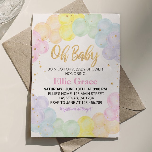 Pastel Rainbow Balloon Baby Shower-inbjudan Inbjudningar (Skapare uppladdad)