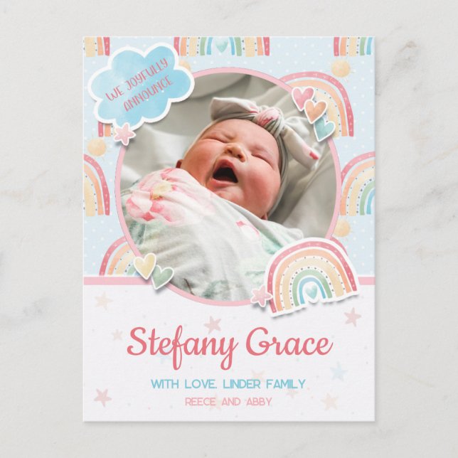 Pastel Rainbow Birth Announcement Postcard Vykort (Framsida)
