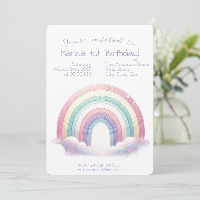 Pastel Rainbow Birthday bjudande - Party Inbjudan (Stående Fram)