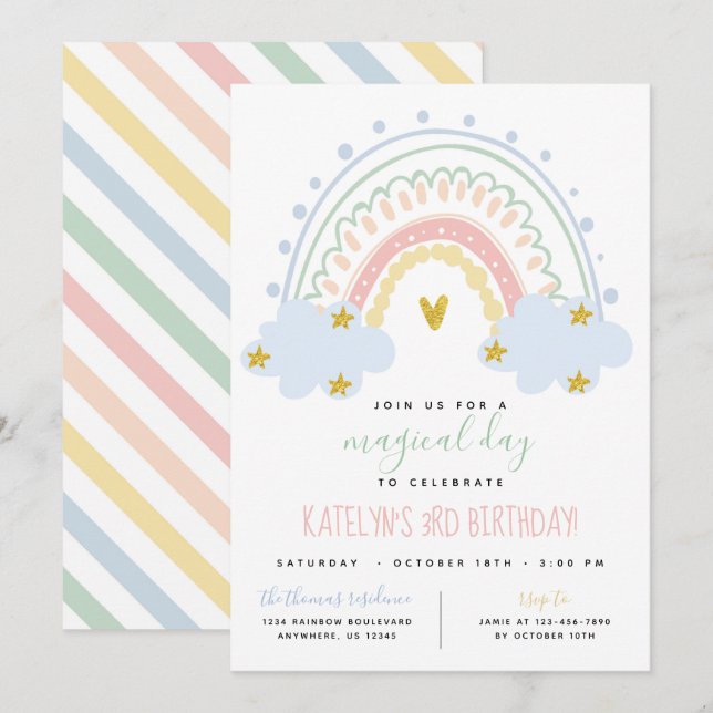Pastel Rainbow Birthday-inbjudan Inbjudningar (Fram/baksida)