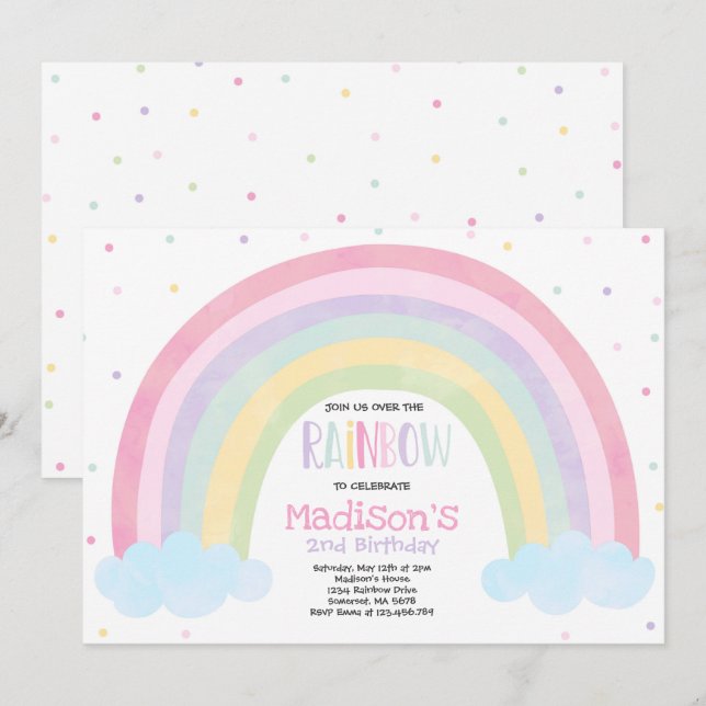 Pastel Rainbow Birthday-inbjudan Pastel Rainbow Pa Inbjudningar (Fram/baksida)