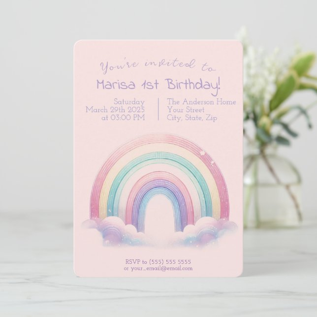 Pastel Rainbow Birthday Invitation - Party Invite Inbjudningar (Stående Fram)