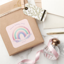 Pastel Rainbow Birthday Party Square Stickers Fyrkantigt Klistermärke