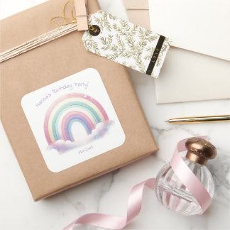Pastel Rainbow Birthday Party Square Stickers Fyrkantigt Klistermärke
