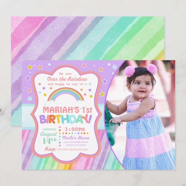 Pastel Rainbow Birthday Photo Inbjudan (Fram/baksida)