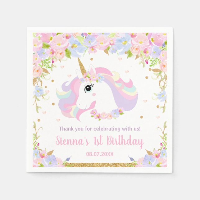 Pastel Rainbow Blommigt Cute Unicorn Födelsedagsfe Pappersservett (Framsidan)