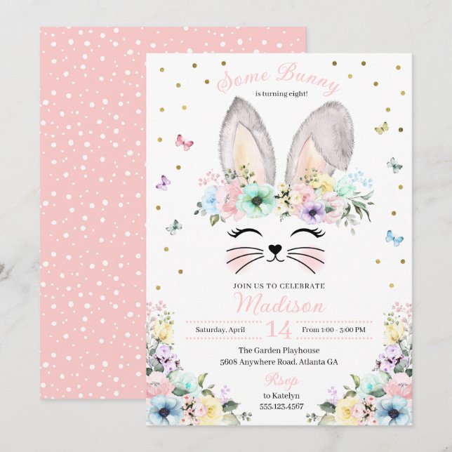 Pastel Rainbow Bunny Öron Flower Krona Birthday Inbjudningar (Fram/baksida)