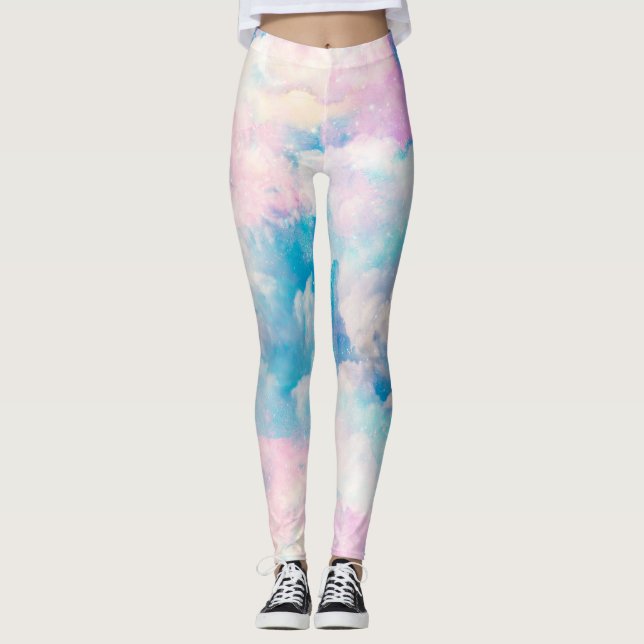 Pastel Rainbow Cloudy Himlar Aesthetic Leggings (Framsida)