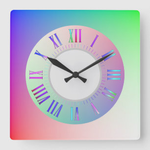 Pastel Rainbow Colorful Roman Hour, Minute Marks Fyrkantig Klocka