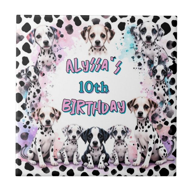 Pastel Rainbow Dalmatian Puppy Birthday Tile Kakelplatta (Framsidan)