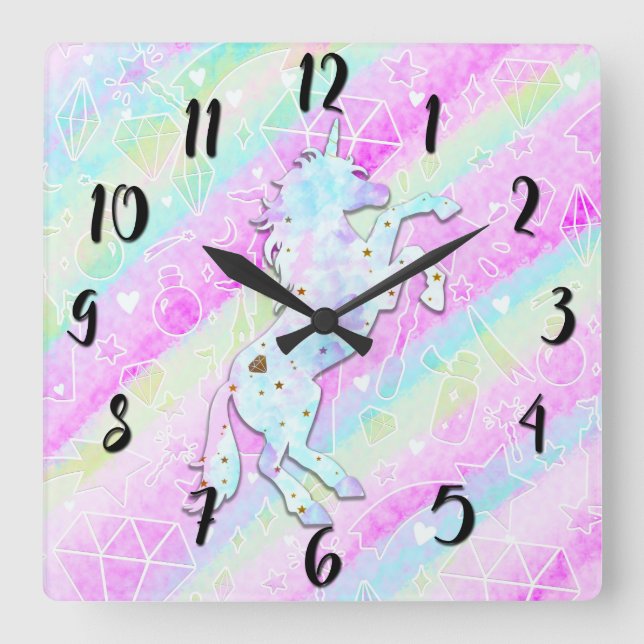 Pastel Rainbow Diamonds & Stars Magic Unicorn Fyrkantig Klocka (Framsida)