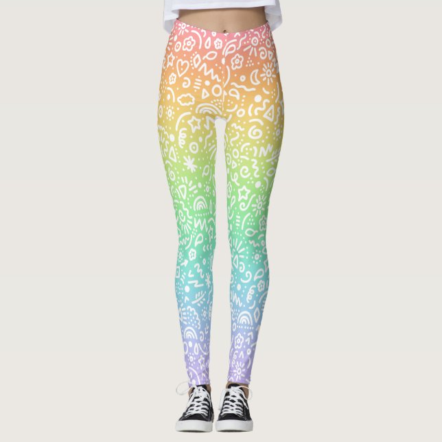 Pastel Rainbow Doodles Leggings (Framsida)