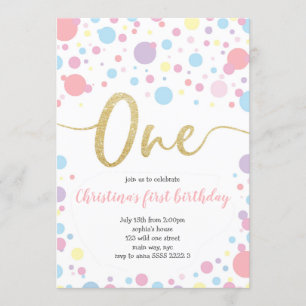 Pastel Rainbow Dots Confetti 1:a födelsedagen Inbjudningar